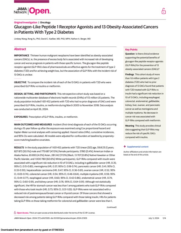 Glucagon-Like Peptide 1 Receptor Agonists and 13 Obesity-Associated Cancers in Patients with Type 2 Diabetes